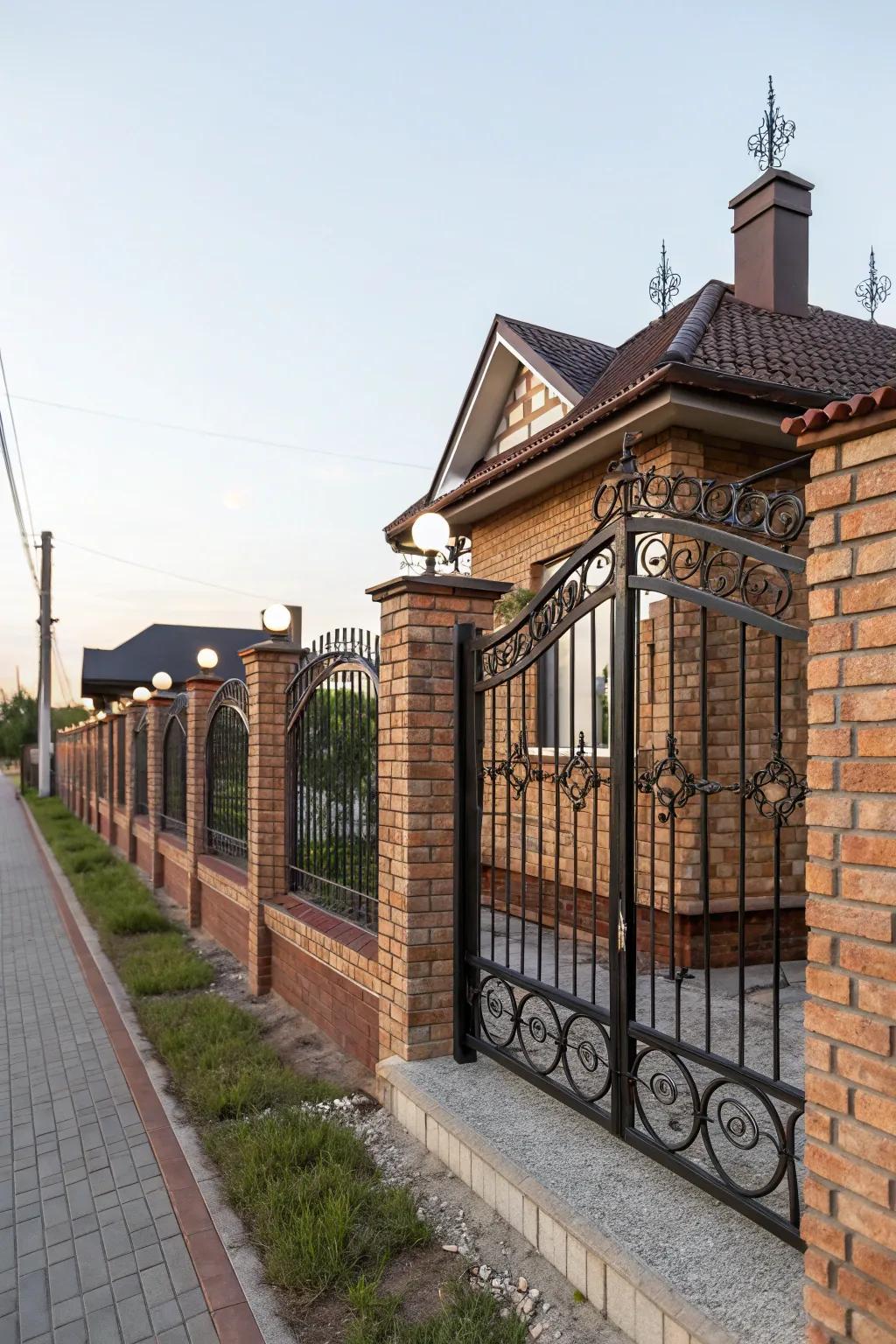 Refined blend of masonry and iron for a sophisticated aesthetic.