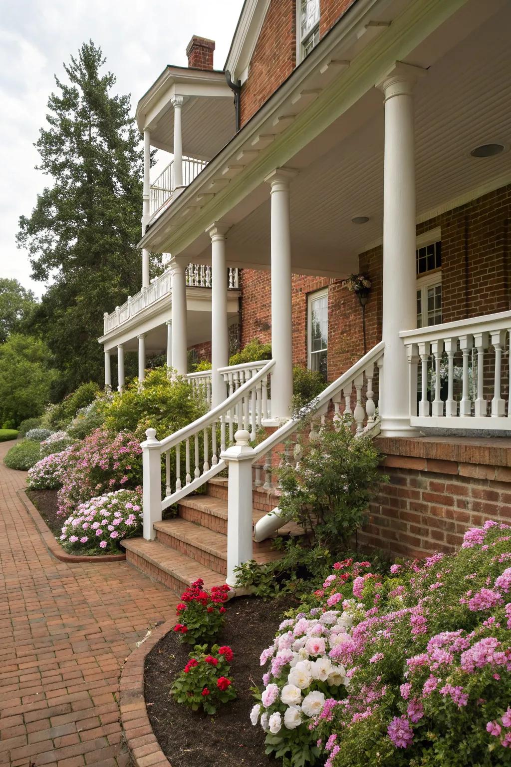 A classic brick porch enhanced with white railings and vibrant floral arrangements.