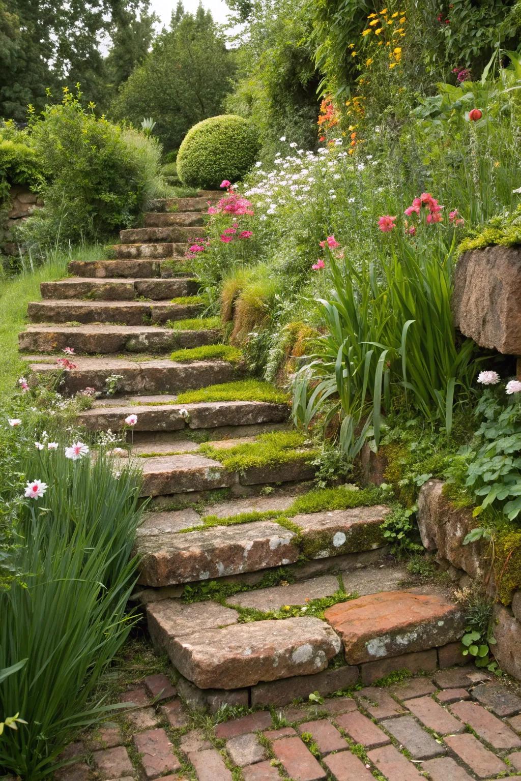 Brick steps meandering through an abundant garden vista.