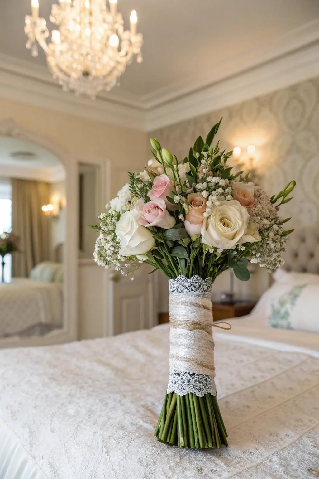 A bridal bouquet completed with vintage lace for a touch of ageless sophistication.