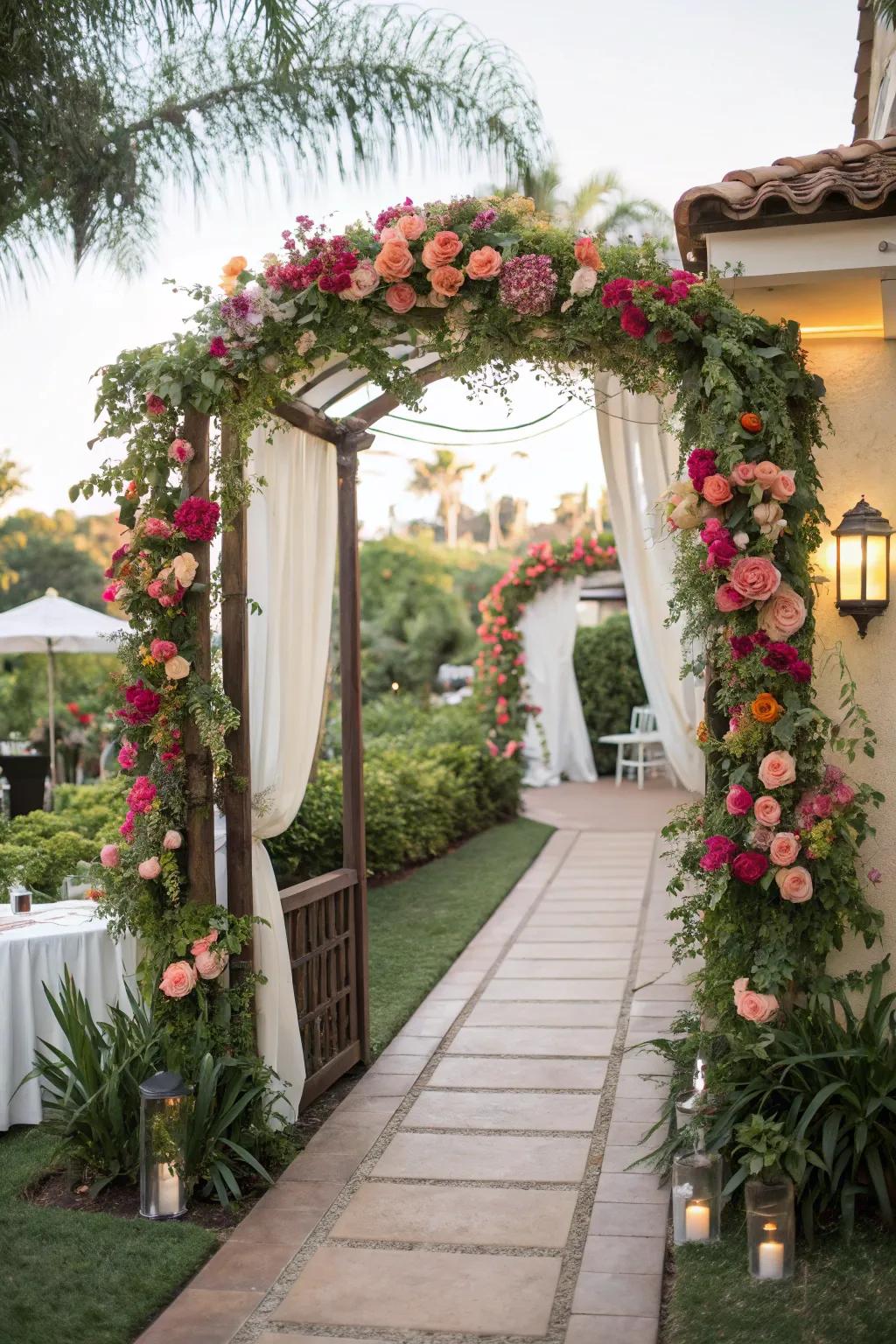 A striking floral gateway greets attendees at the entrance to the bridal shower.