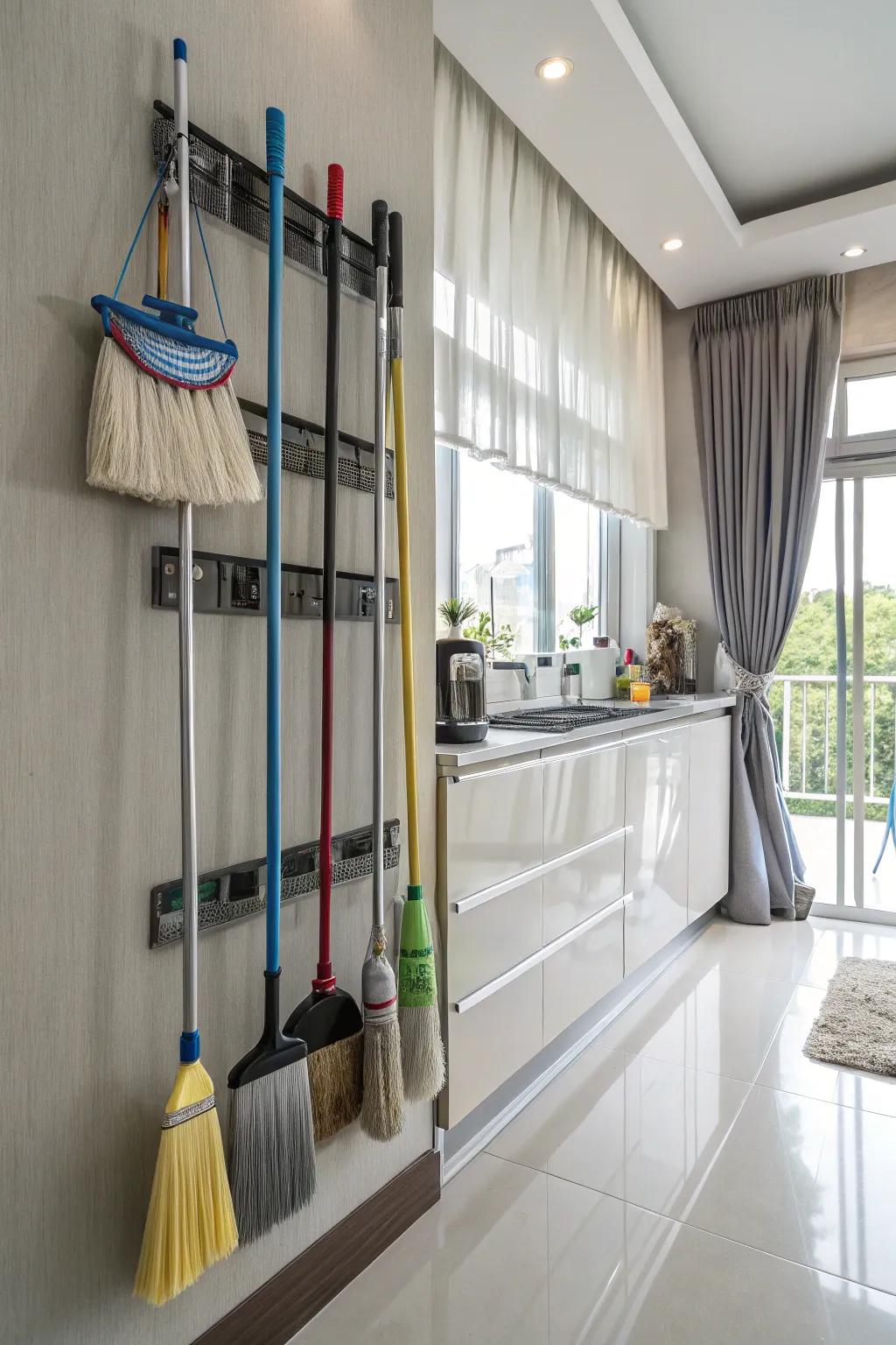Wall-mounted supports offer a streamlined approach to organizing cleaning tools.