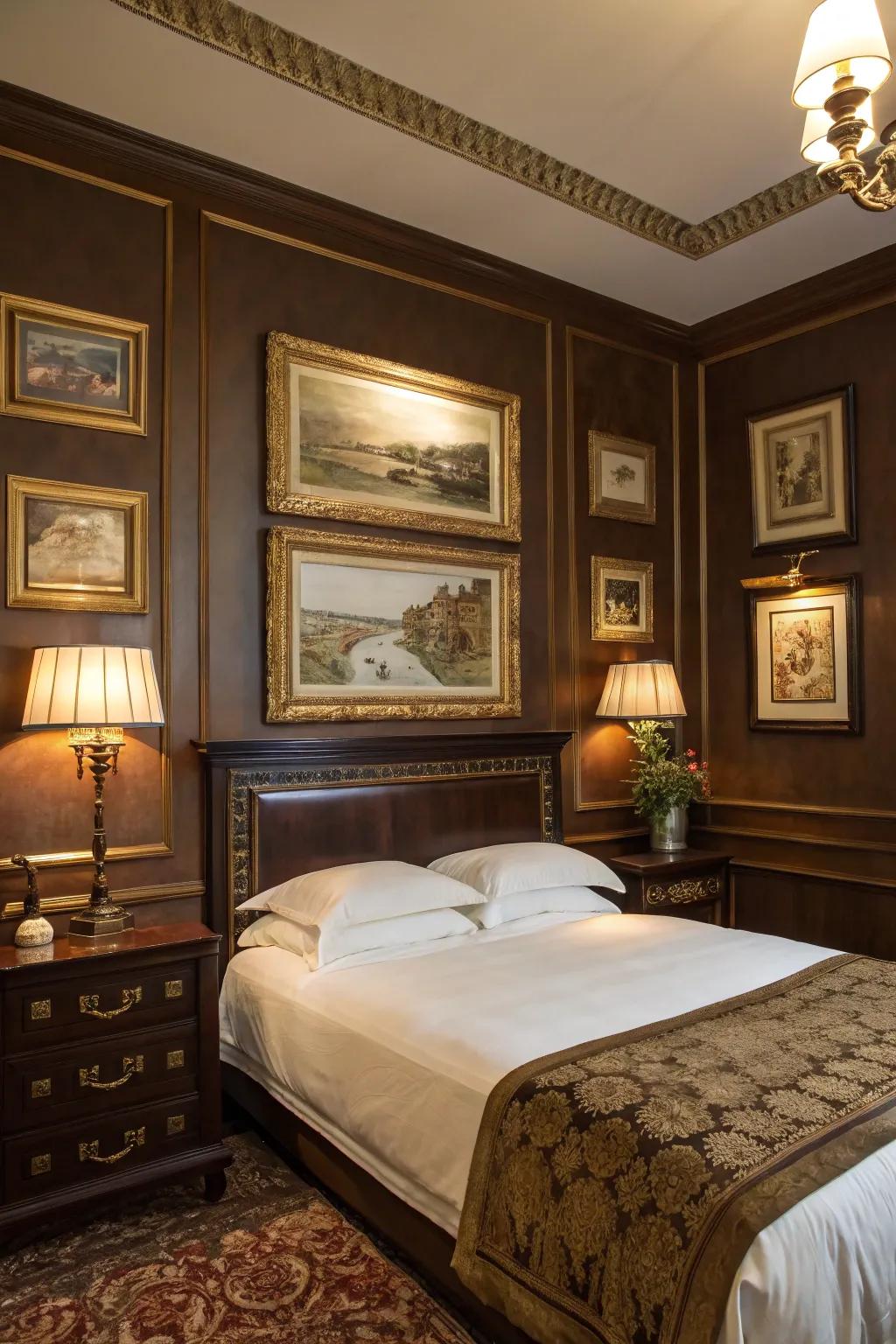 Deep brown walls accented with gold for an inviting vibe.