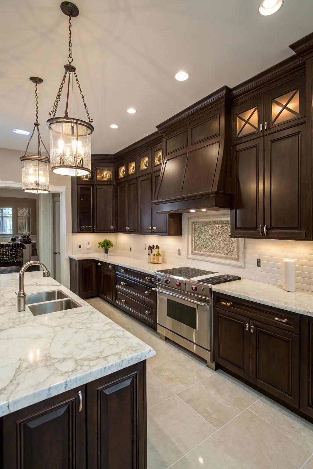 Dark brown cabinets paired with light countertops for a classic look.