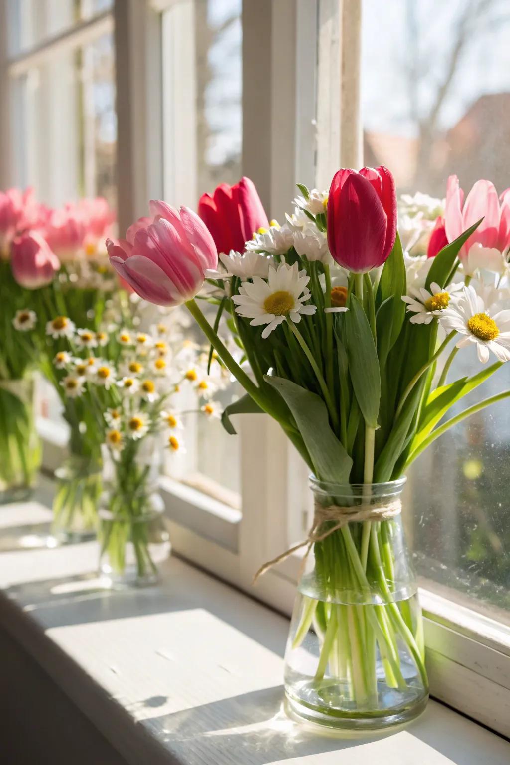 Brighten your area with colorful tulips and daisies in bud vases.