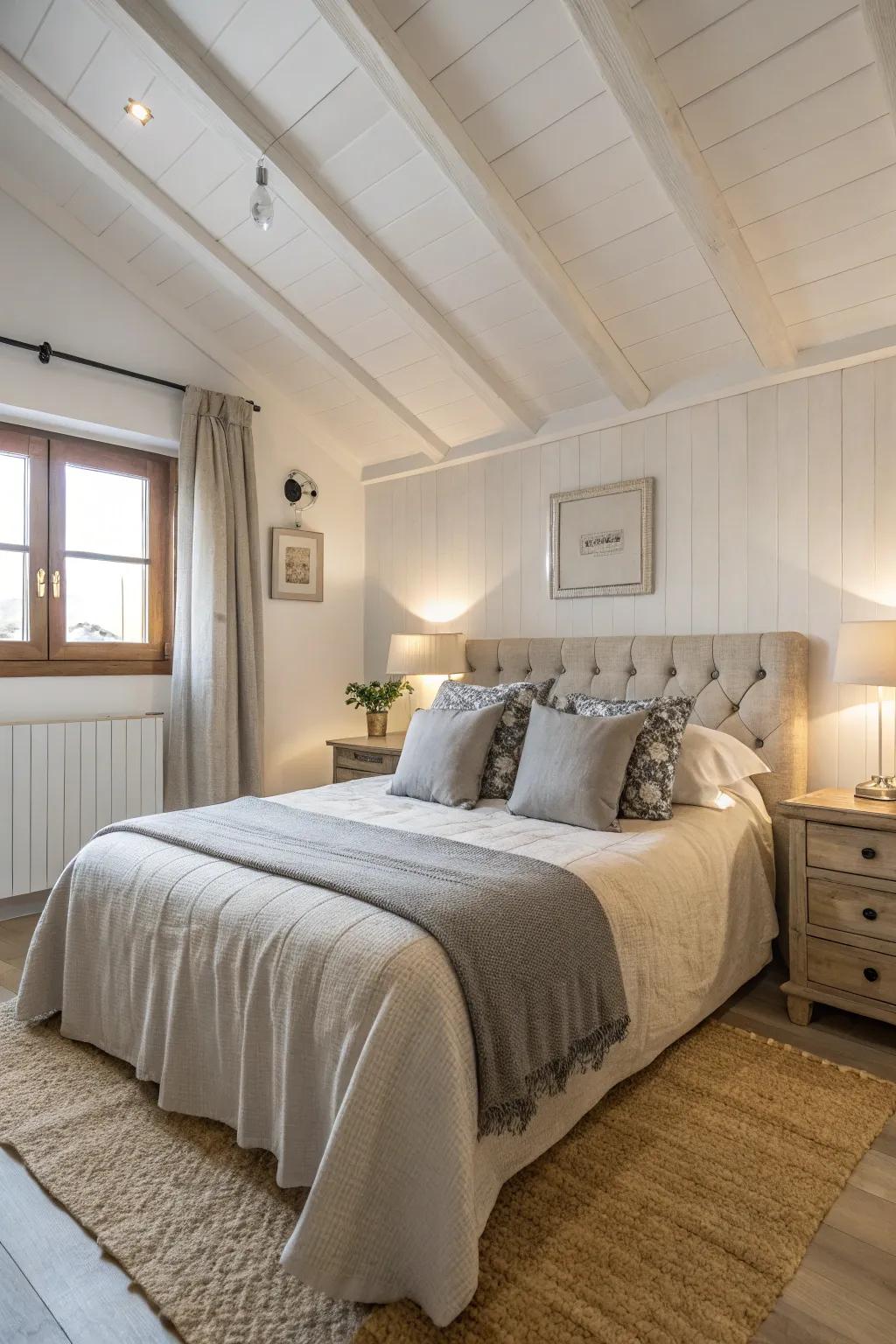 A tranquil bedroom showcases a balanced neutral color scheme.
