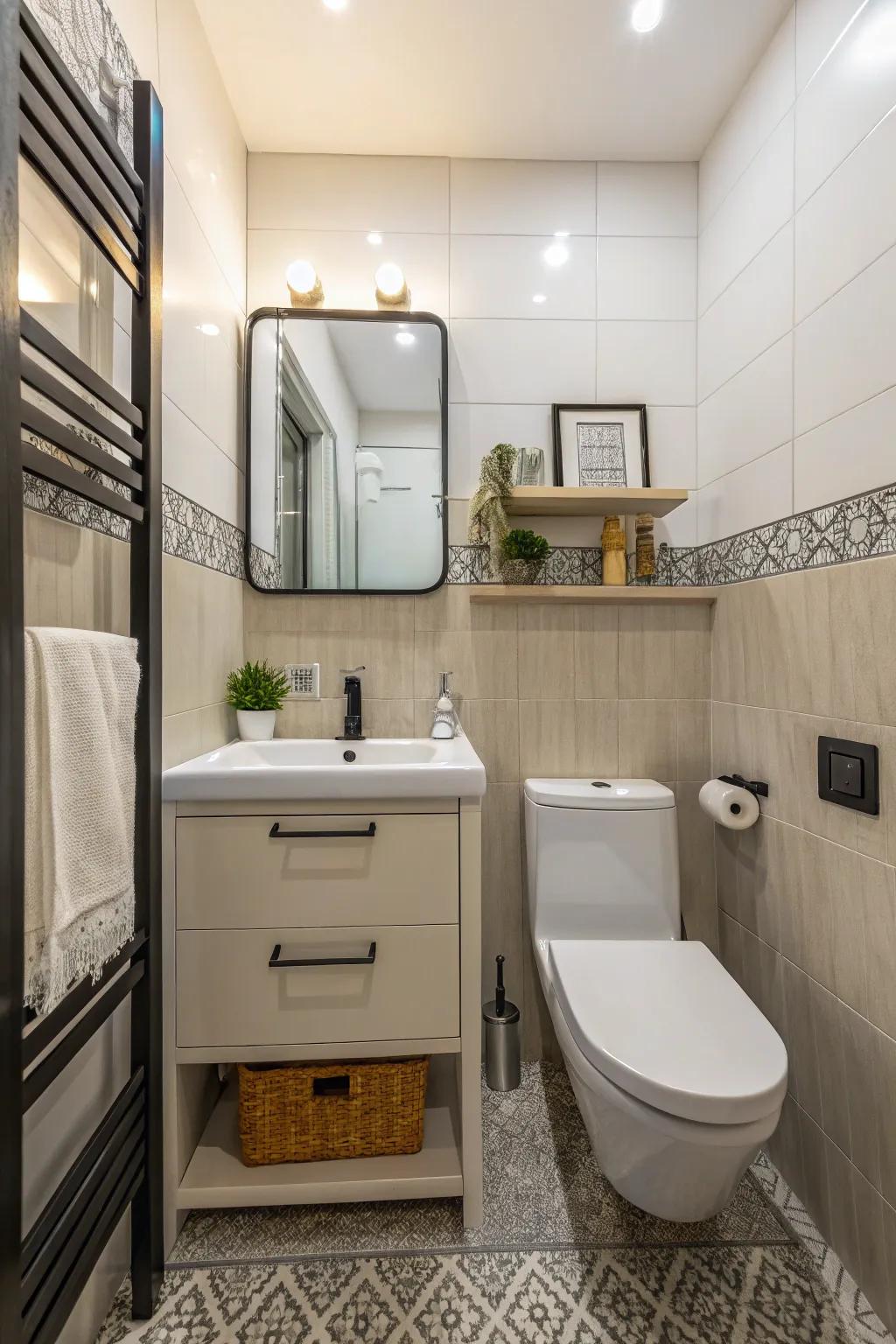A limited-space bathroom showcases a space-efficient sink and toilet to optimize the area.