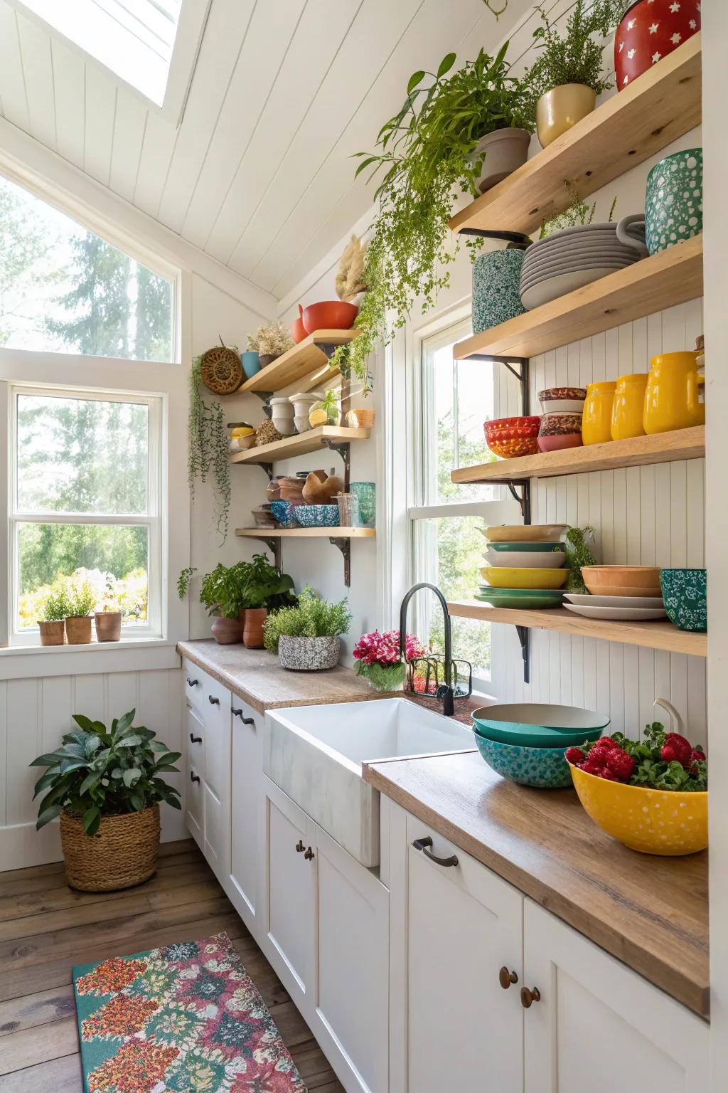 Open shelving contributes a touch of personal style and practicality to this modest kitchen.