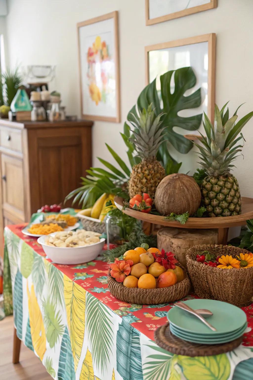 A tropical-themed buffet is a burst of color and fun for any get-together.