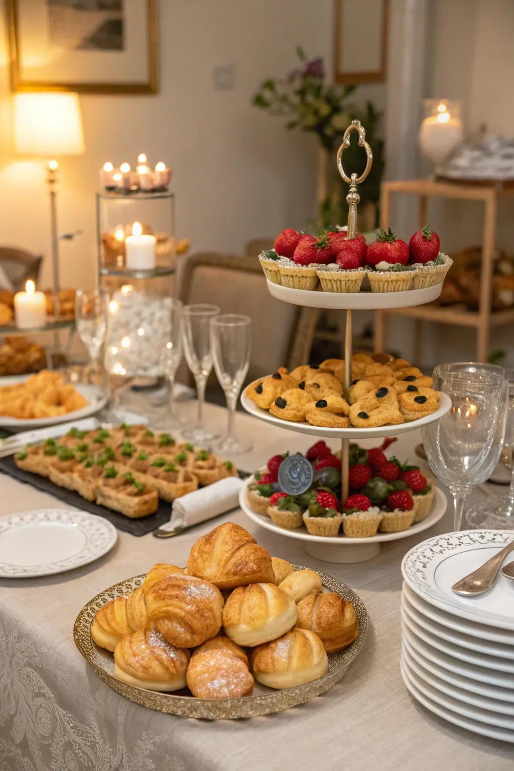 Tiered stands craft a vibrant and sophisticated buffet arrangement.