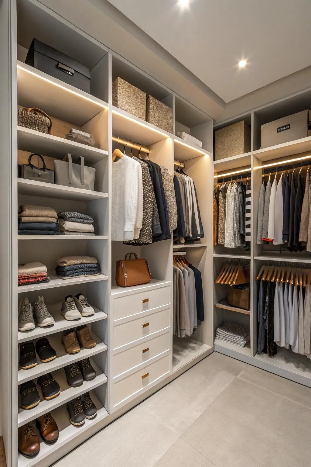 High shelving units are perfect for maximizing vertical space in this integrated closet.