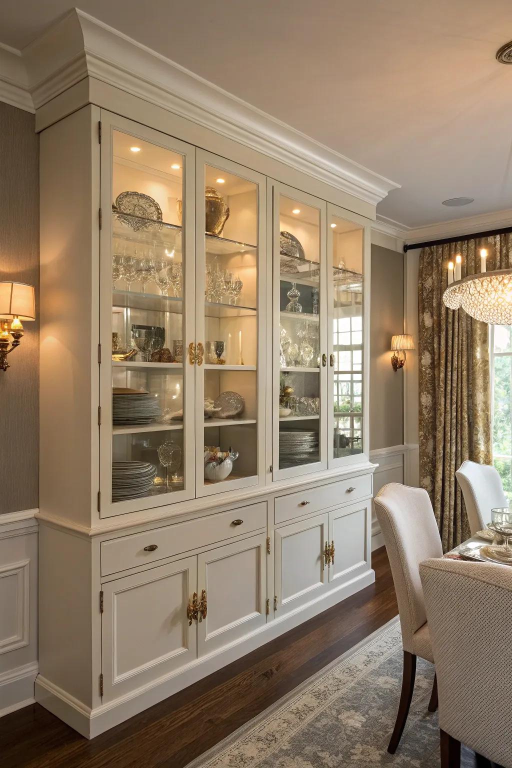 A dining room that features glass-front cabinets displaying sophisticated tableware.