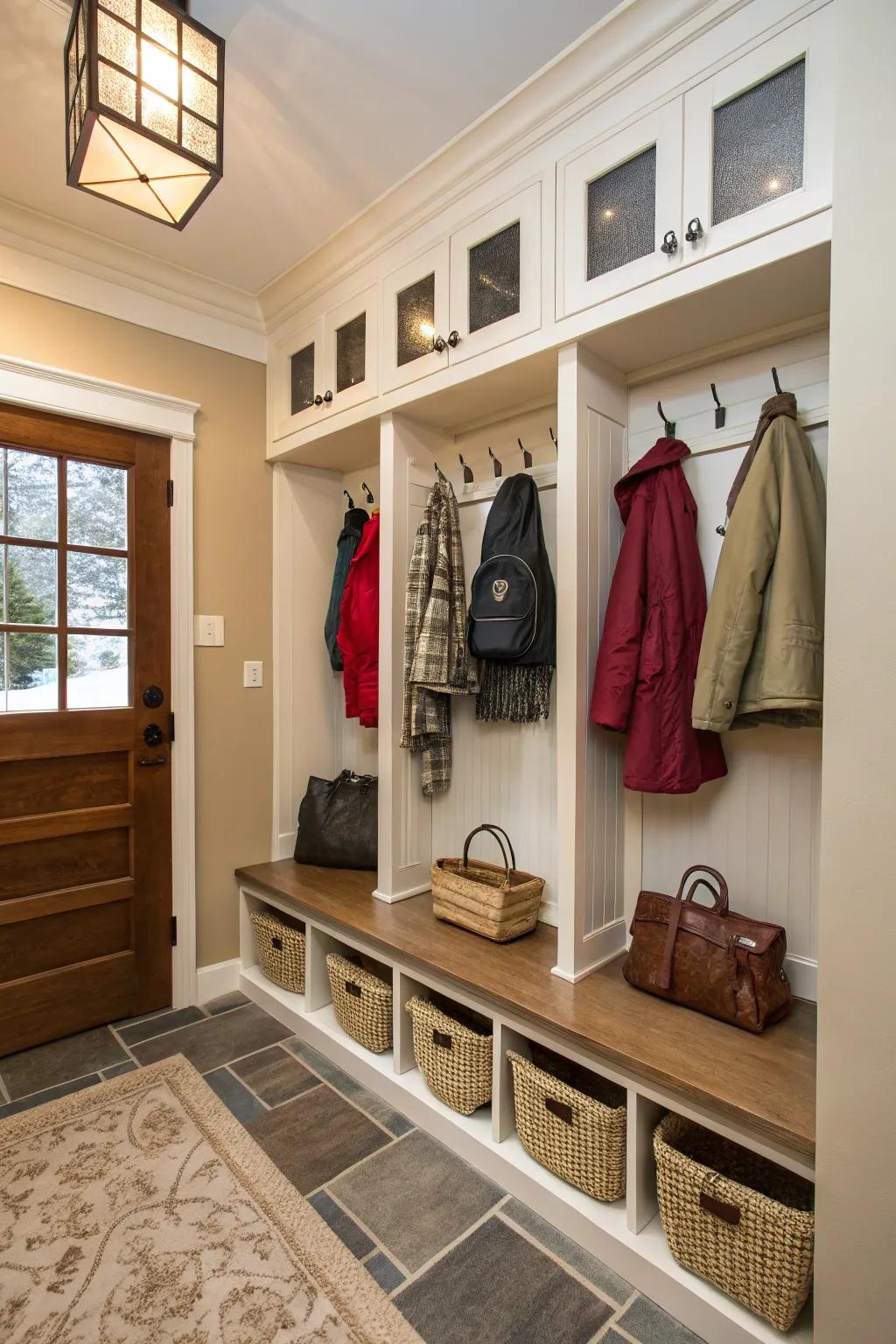 A well-ordered entryway where custom-built storage keeps mess away.