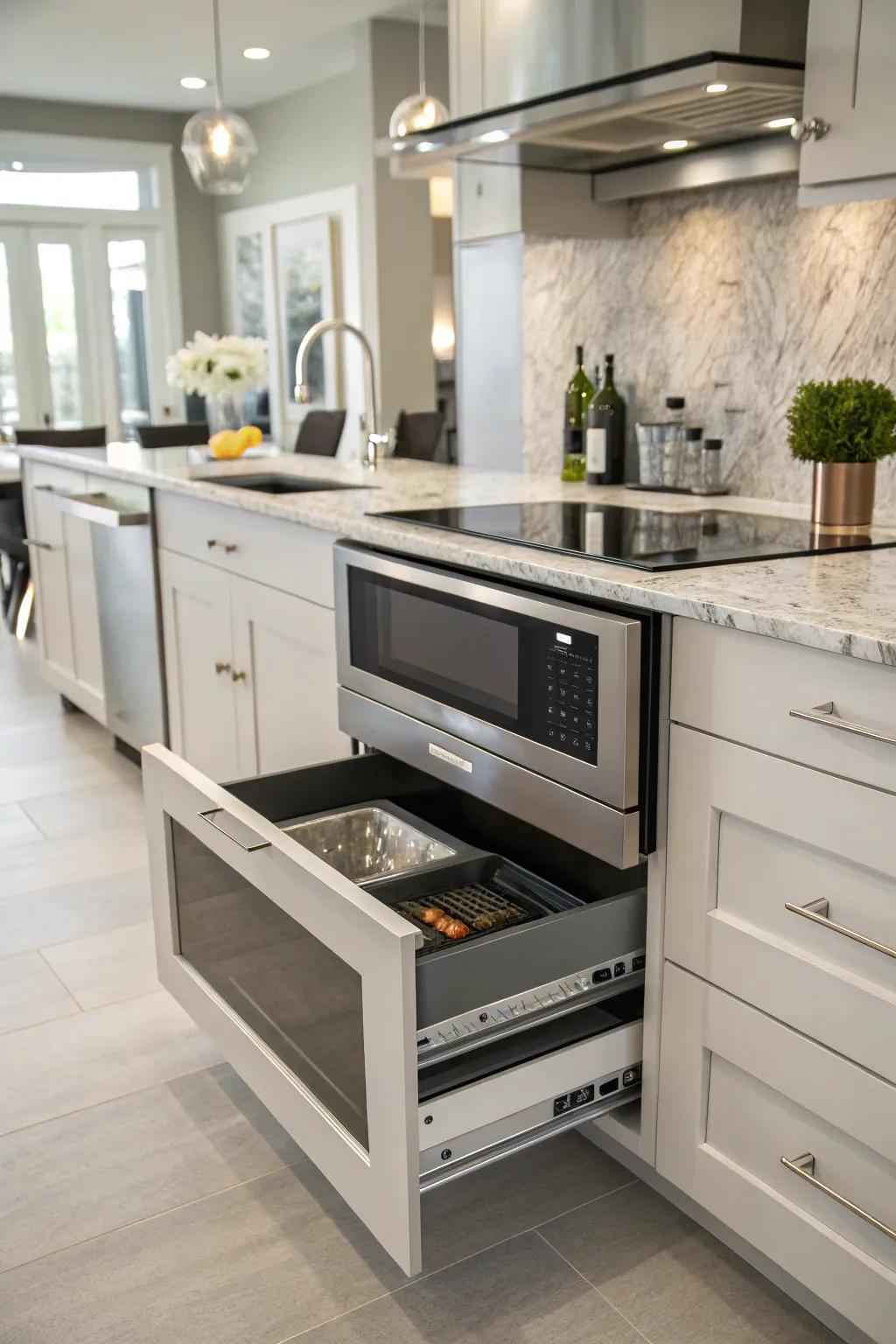 Modern kitchen showcasing a sleek wave emitter drawer incorporated into lower cabinetry.