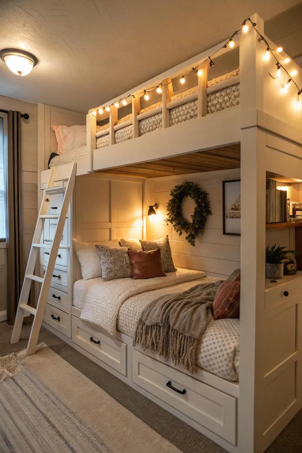 A snug alcove with integrated queen sleeping arrangements crafts the perfect hideaway.