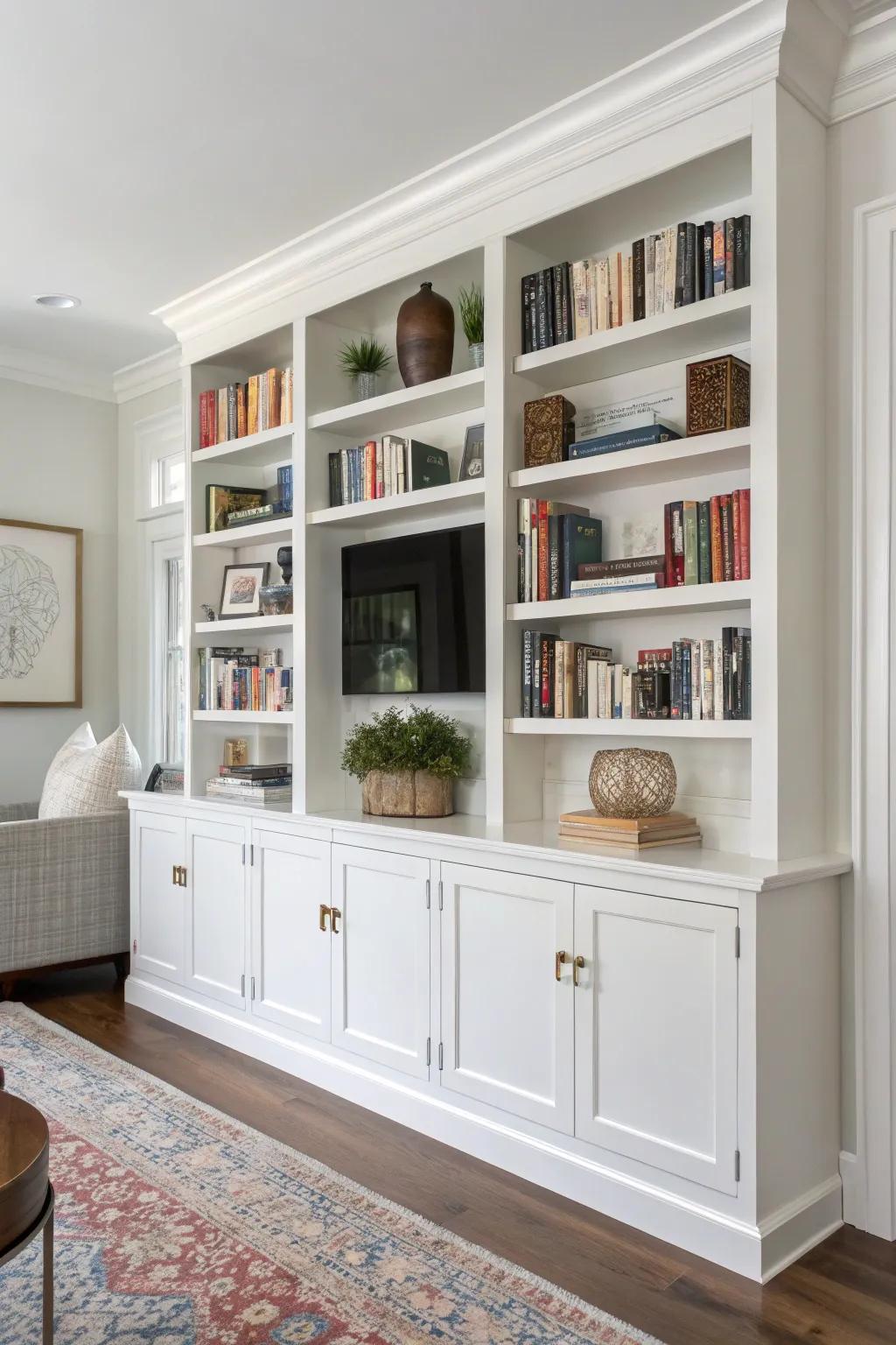 Ivory built-in shelves provide a minimalist and spacious atmosphere.