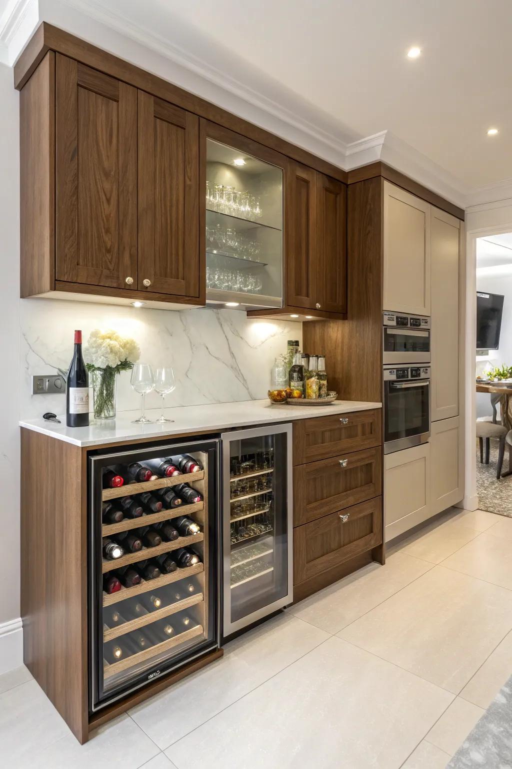 Attain a harmonious kitchen aesthetic with a wine storage unit that complements your cabinetry.