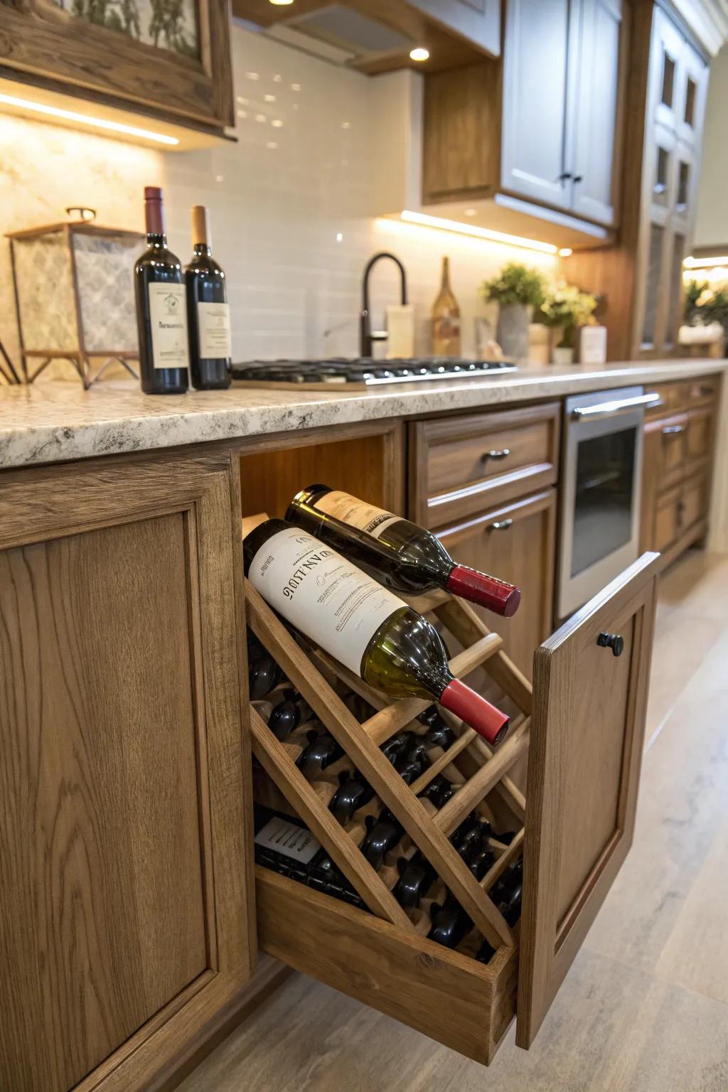 Wine storage under the cabinet infuses your cooking area with added flair and ease.