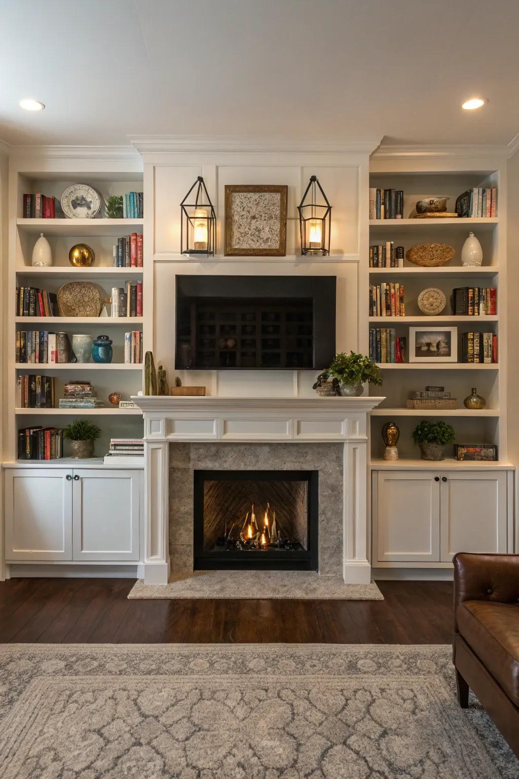 Balanced shelves enhance the welcoming feel of a fireplace setting.