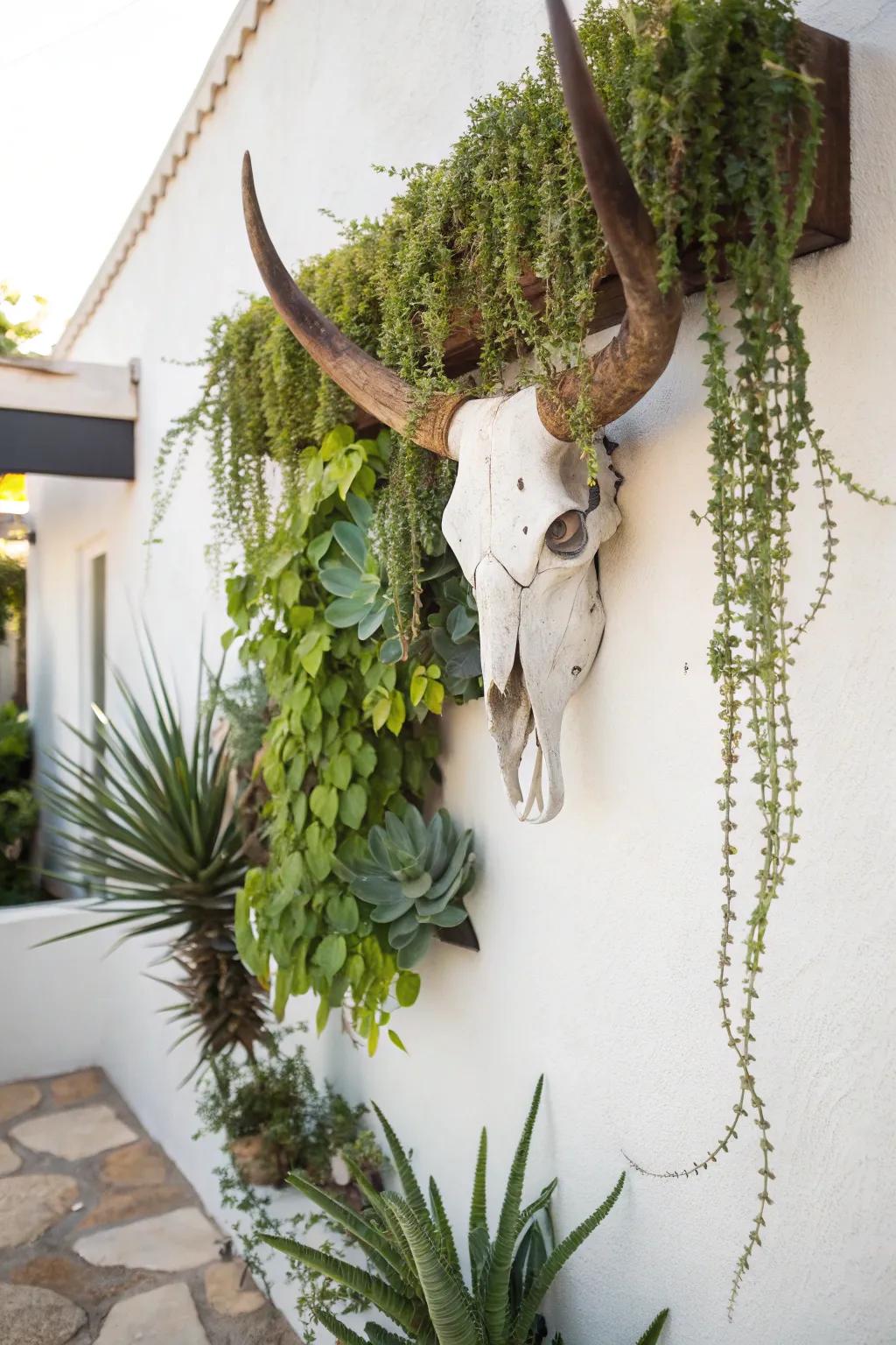 Bull skull adorned with succulent accents for an organic impression.