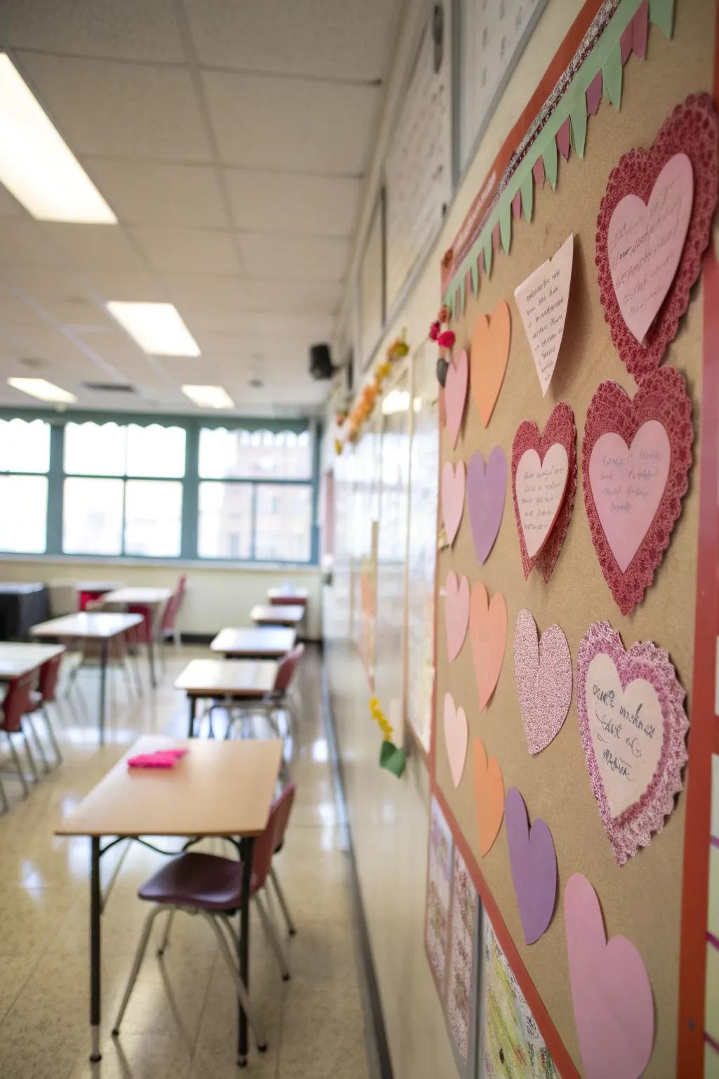 Display board adorned with heart-shaped decorations conveying expressions of love.