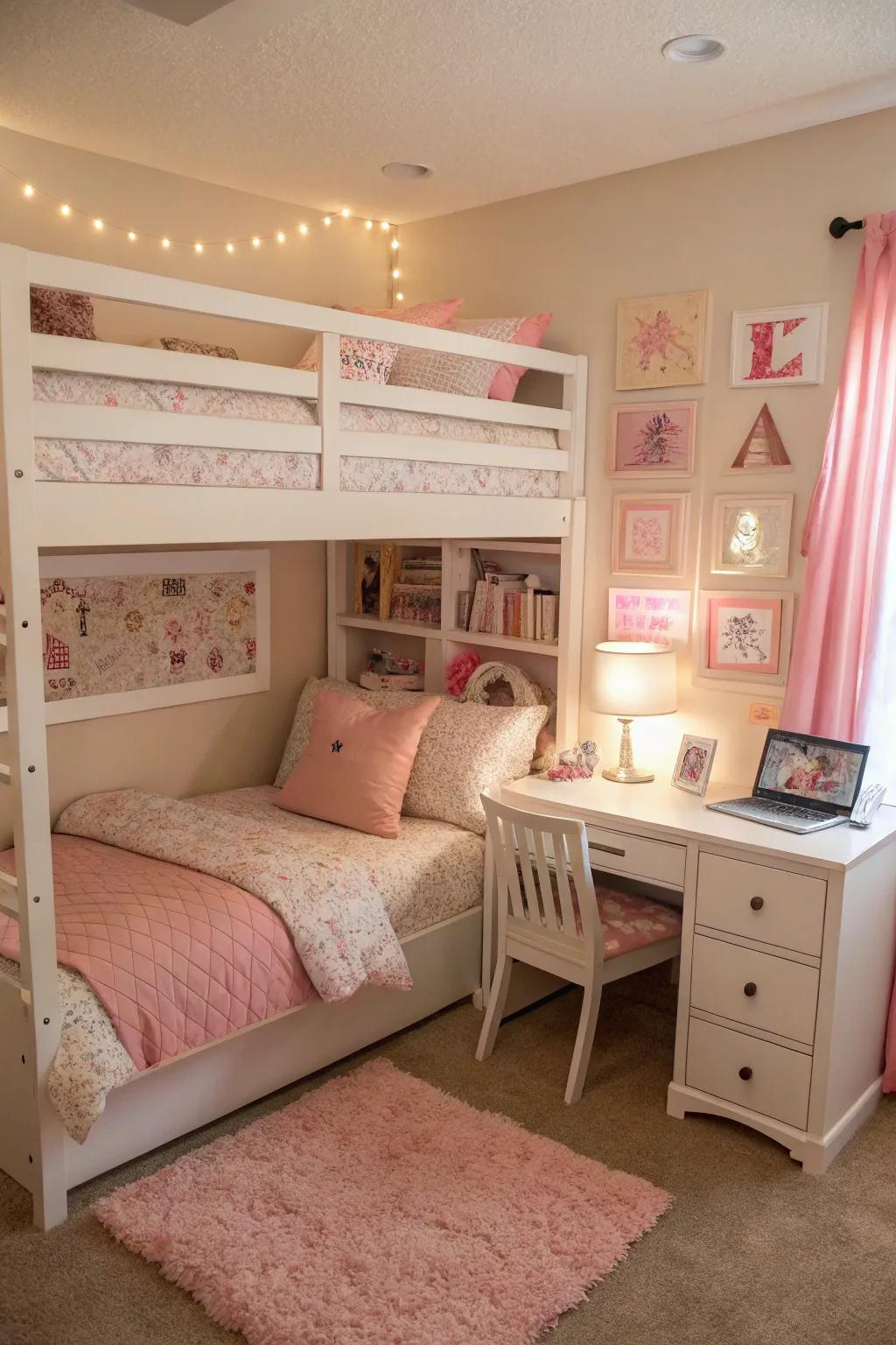 An L-shaped bunk bed creates a study corner in a beautifully decorated girl's bedroom.