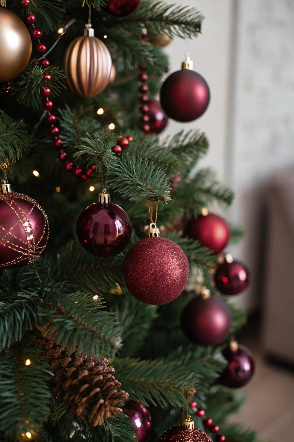 Spectacular wine-colored orbs bring dimension and luxury to the Christmas tree.