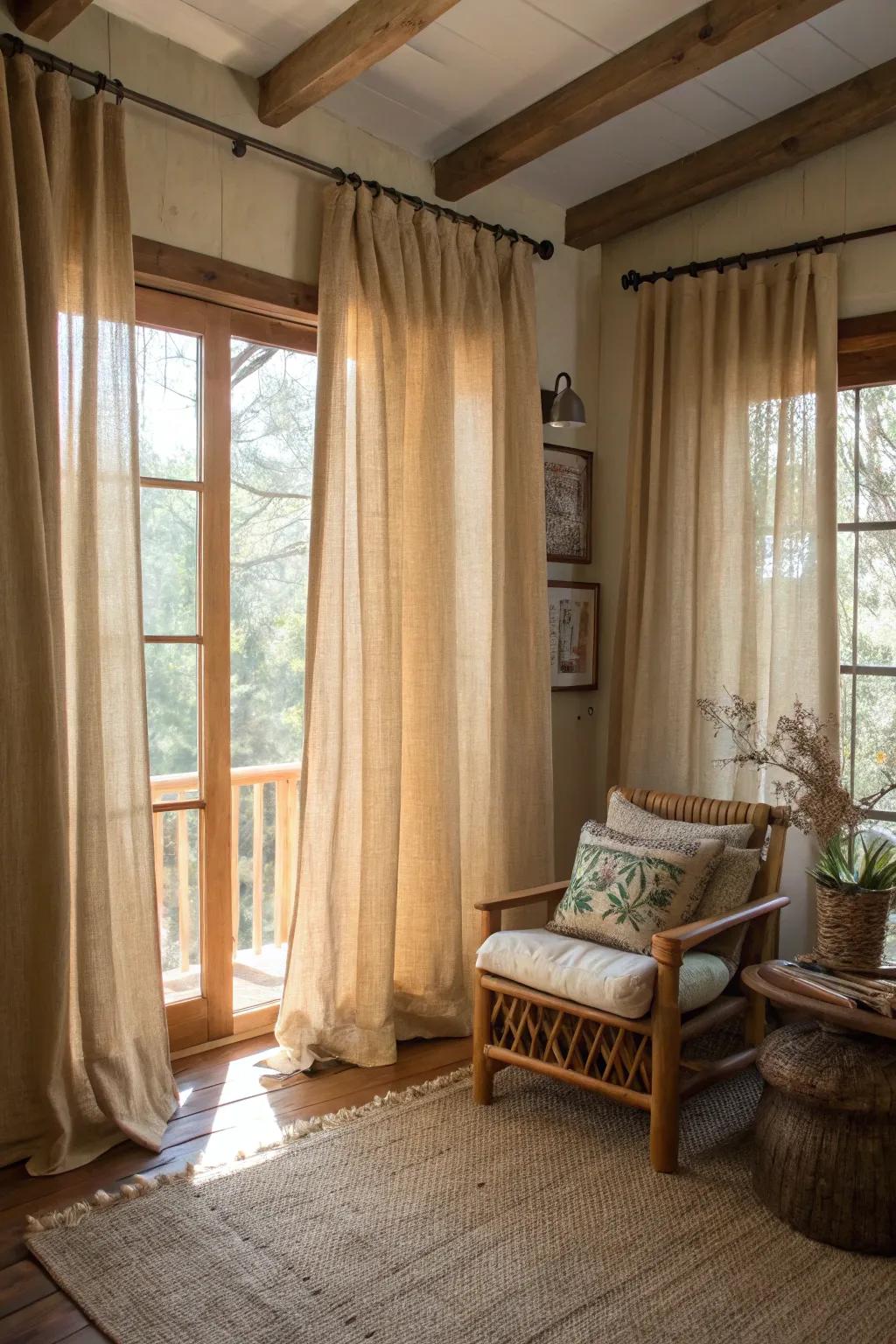 Effortless sophistication through unstitched hessian window coverings.