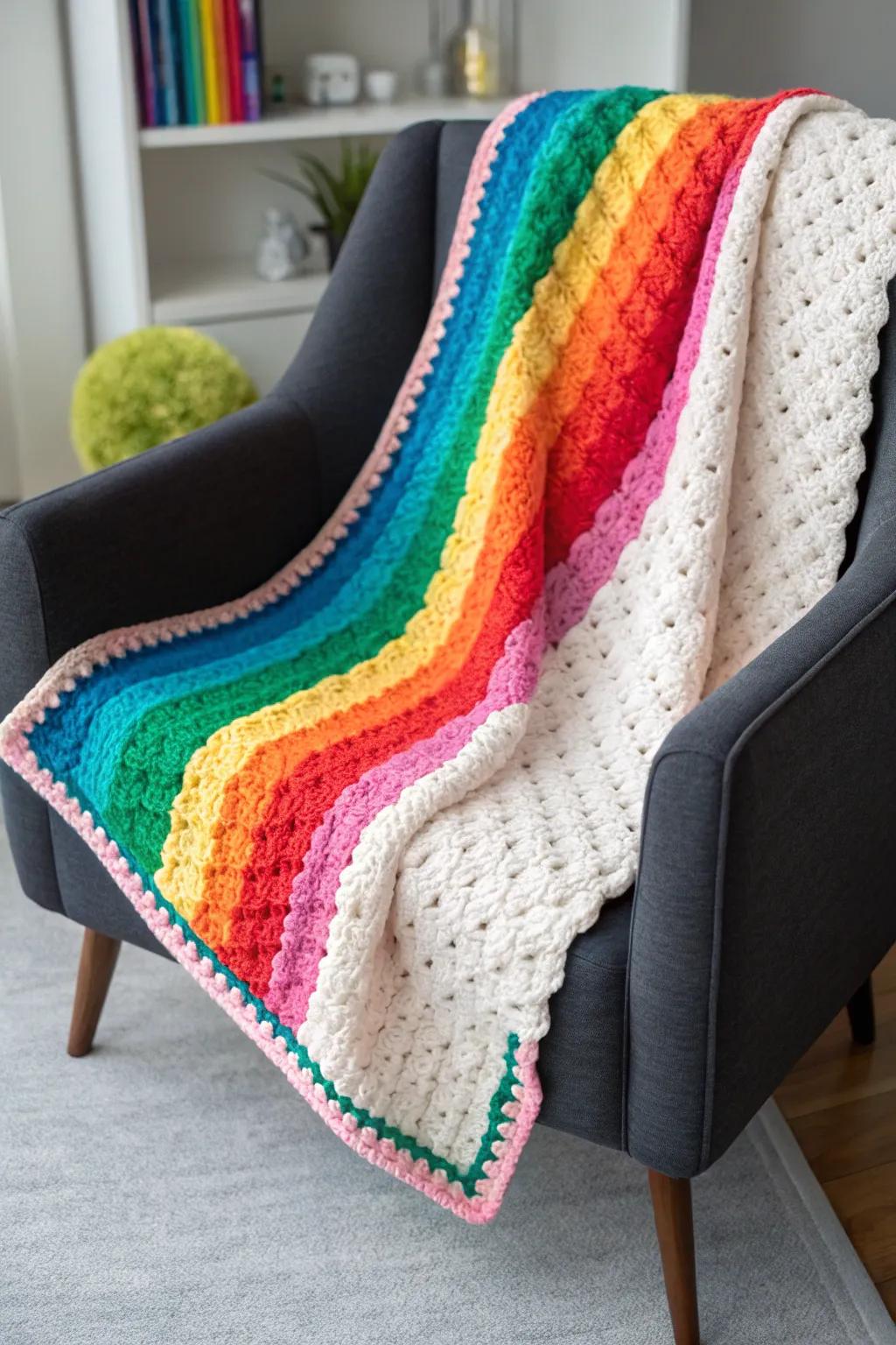This C2C blanket is really brought to life by the addition of the rainbow border.