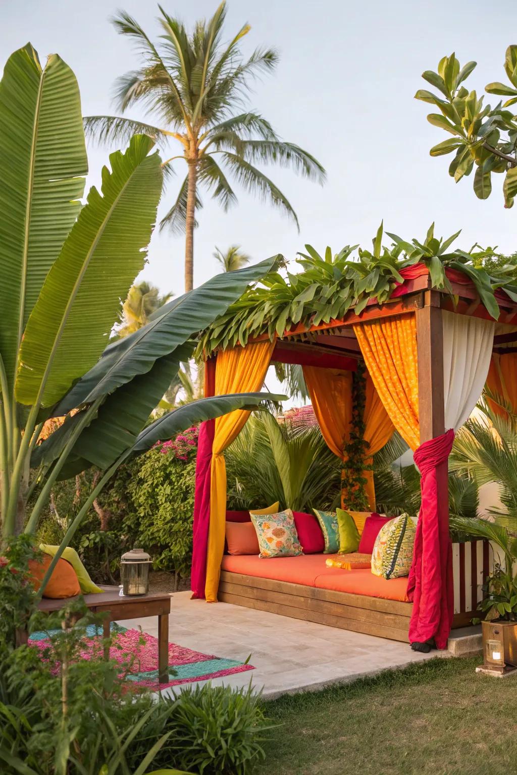 Tropical cabana showcasing vibrant hues and abundant greenery.