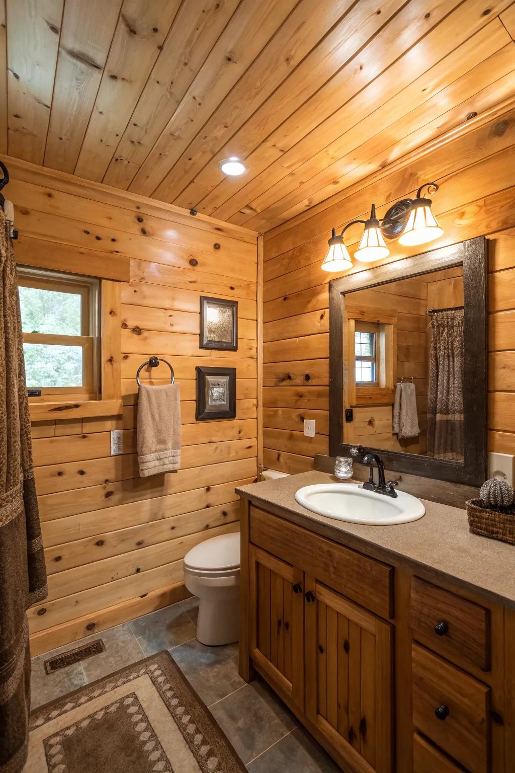 An inviting cabin bathroom with warm, upcycled timber accents.