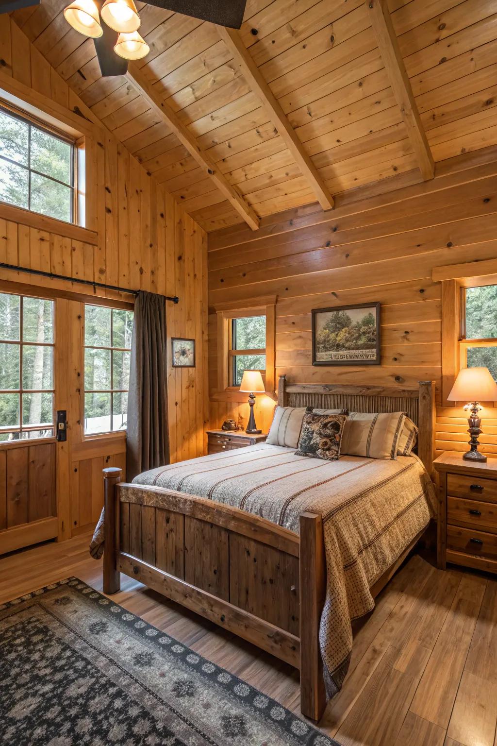 A cabin bedroom showcased with wooden walls and furnishings, complemented by inviting lighting.