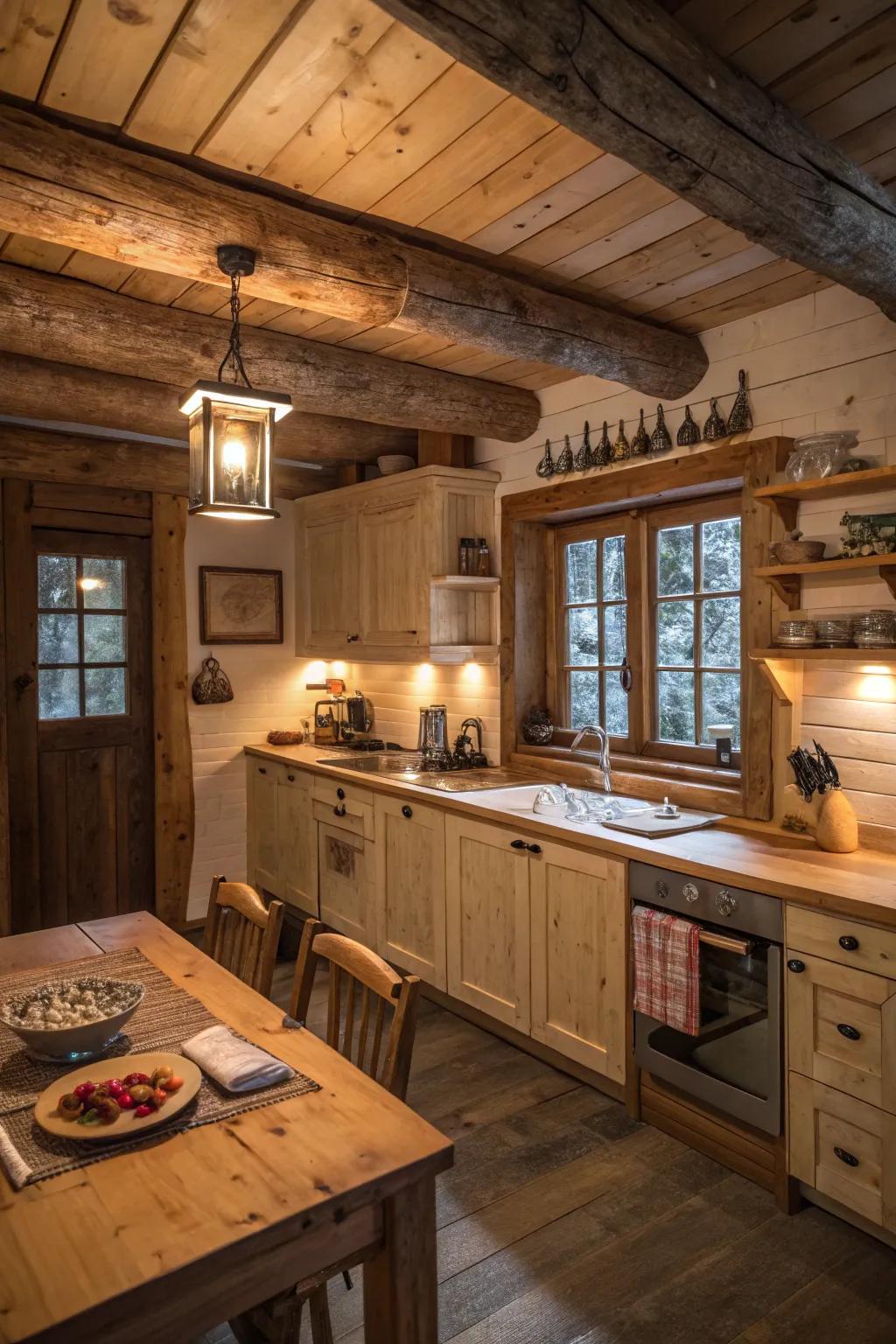 Organic wood tones fashion an inviting and comfortable cabin kitchen atmosphere.