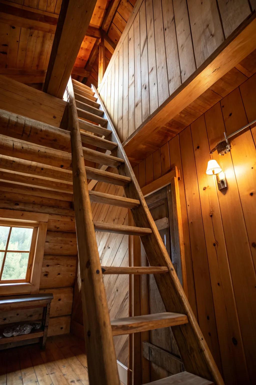 A quintessentially classic wooden ladder, ideal for bestowing a rustic allure upon your cabin loft.