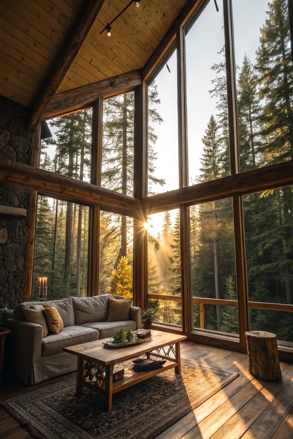 Vast windows illuminate a cabin interior, showcasing the natural landscape.