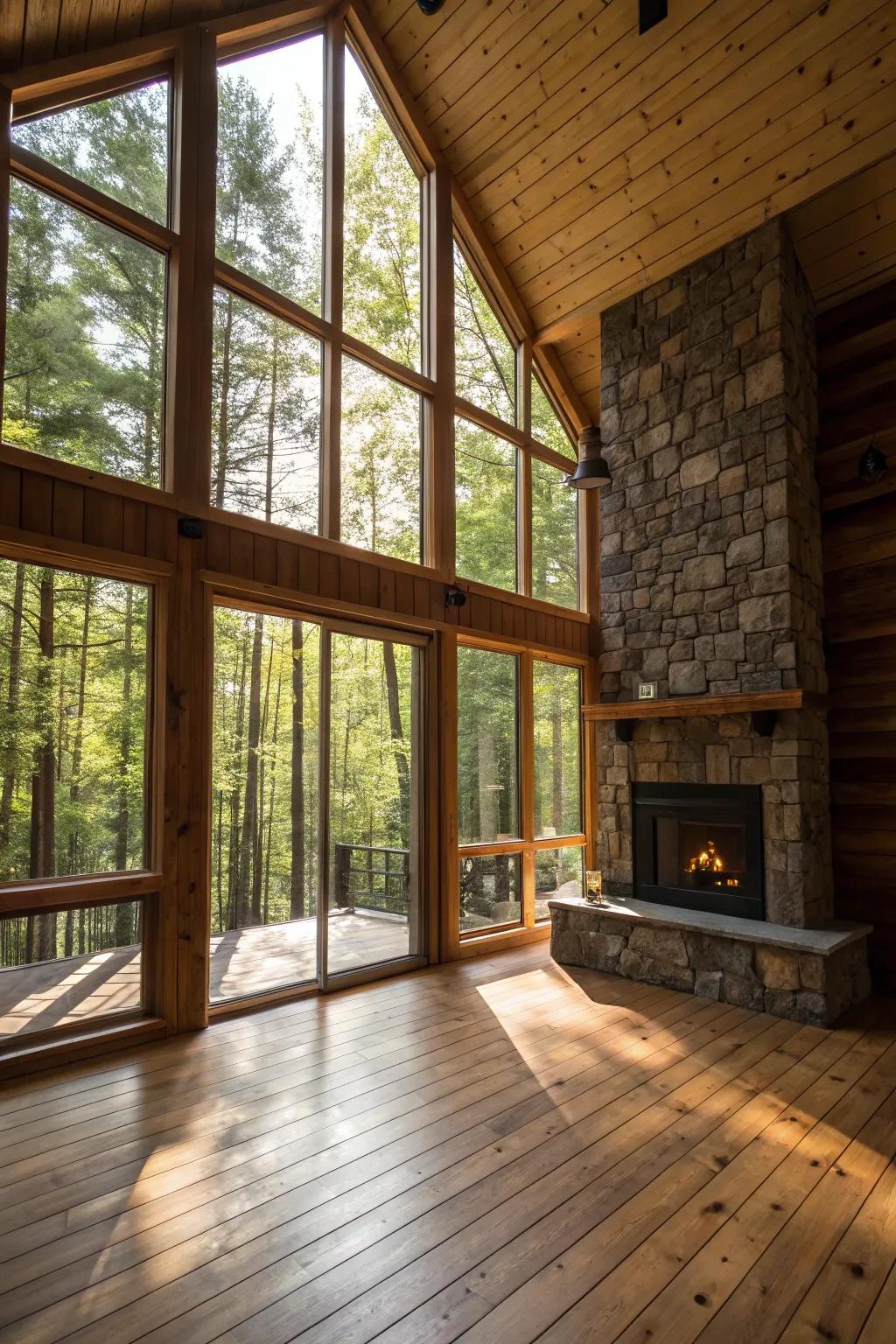Expansive windows transform this cabin into a bright retreat.