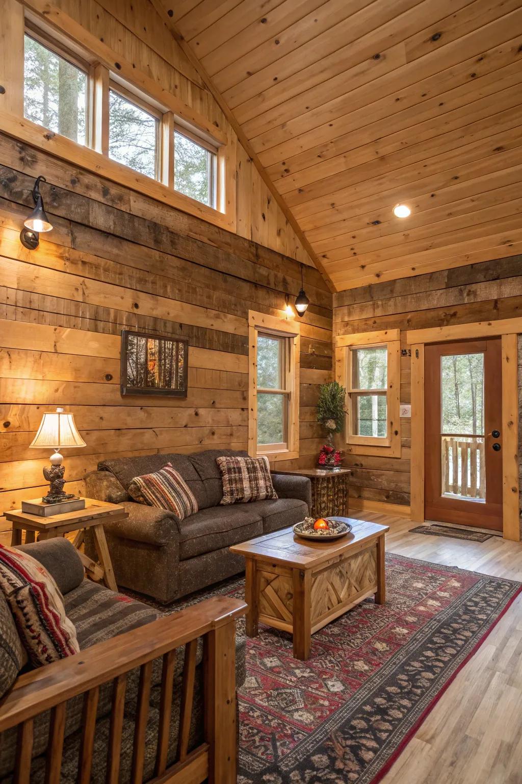 Homespun upcycled wood panels adding warmth within a cabin.
