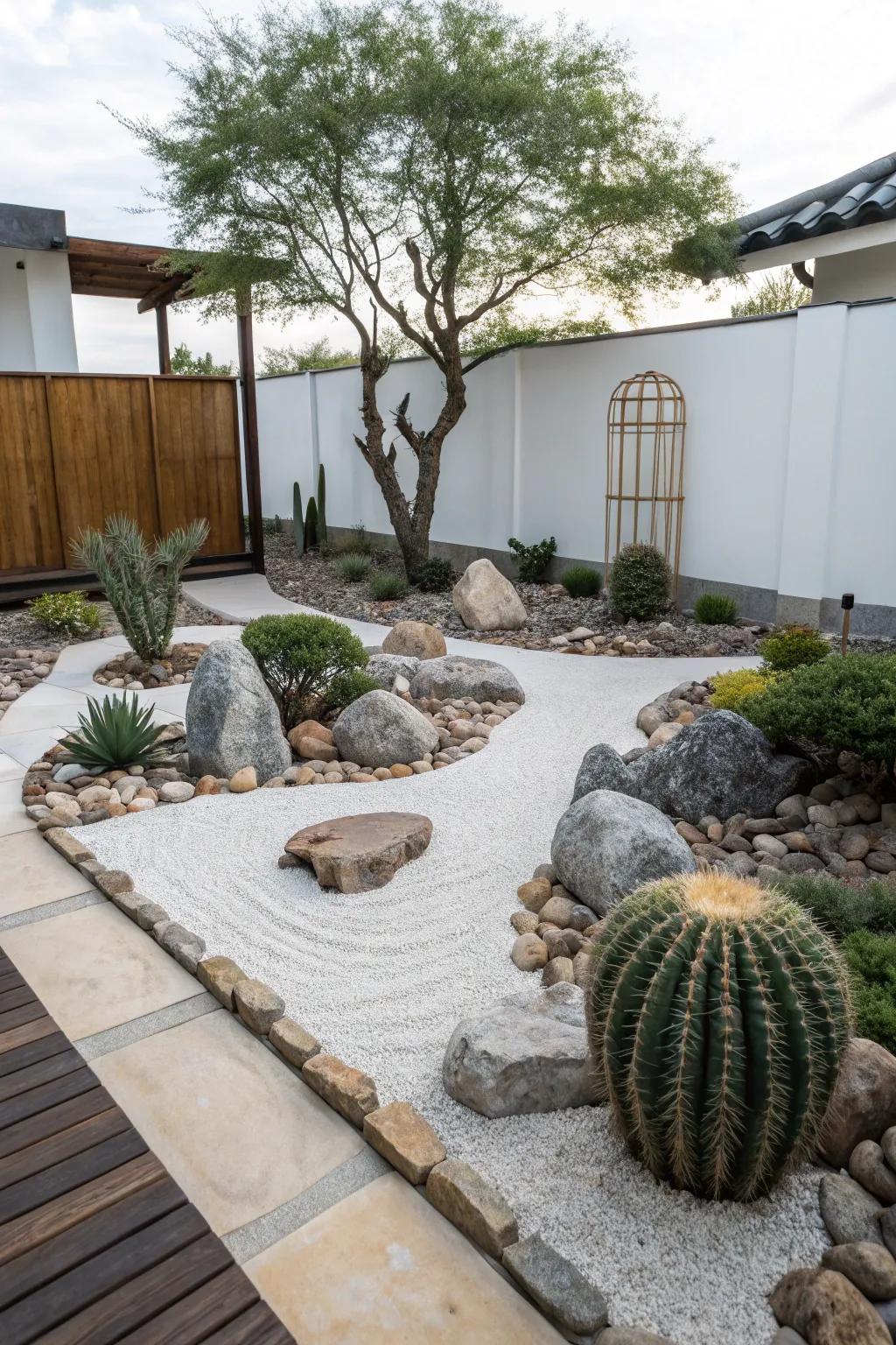 A Zen-influenced cactus garden featuring stones for a peaceful setting.