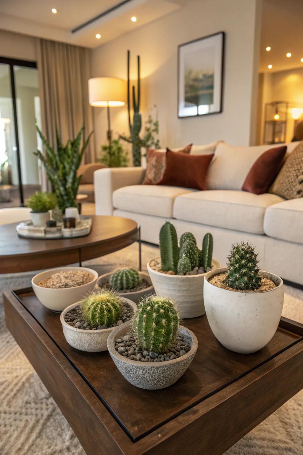 Elegant fired clay bowls act as refined pots for small cacti.