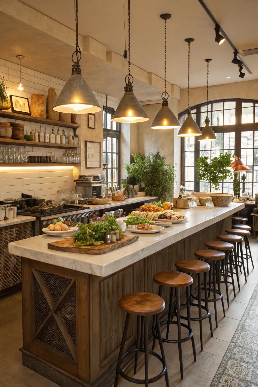 A cafe kitchen featuring an inviting central island, ideal for hosting and socializing.