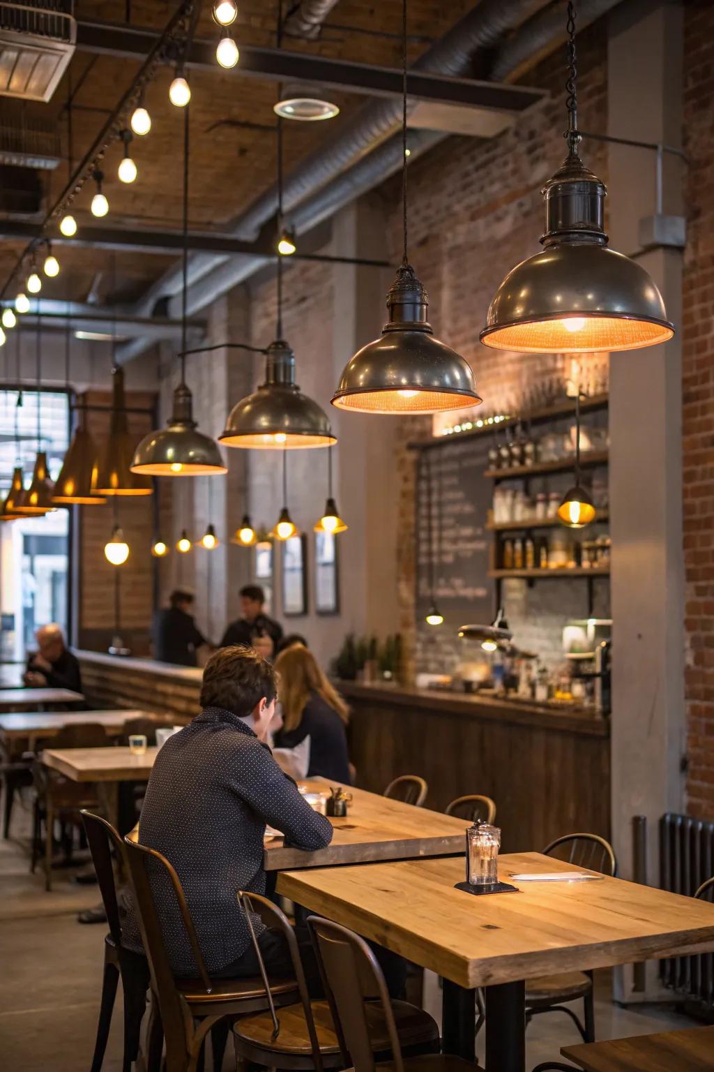 Industrial pendant lights imparting a cozy radiance above wooden tables in a charming cafe.