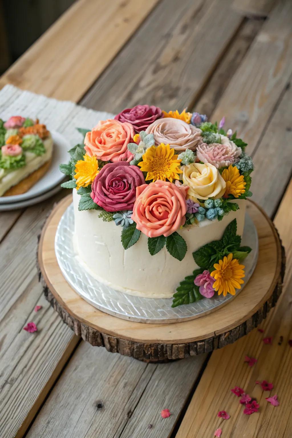 A cake reinvented as a blossoming sanctuary via buttercream flowers