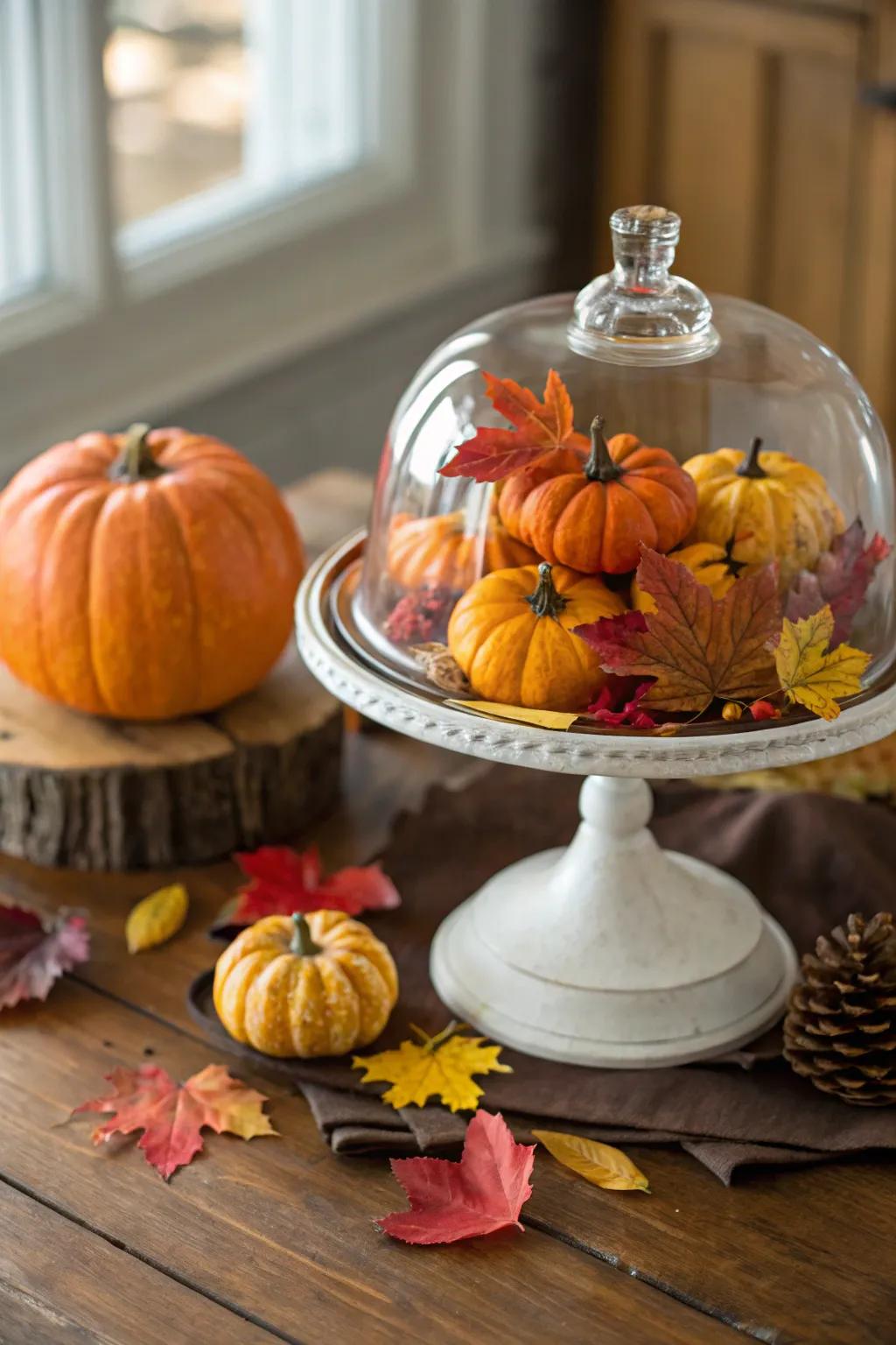 Showcase the spirit of fall with this seasonal cake dome arrangement.