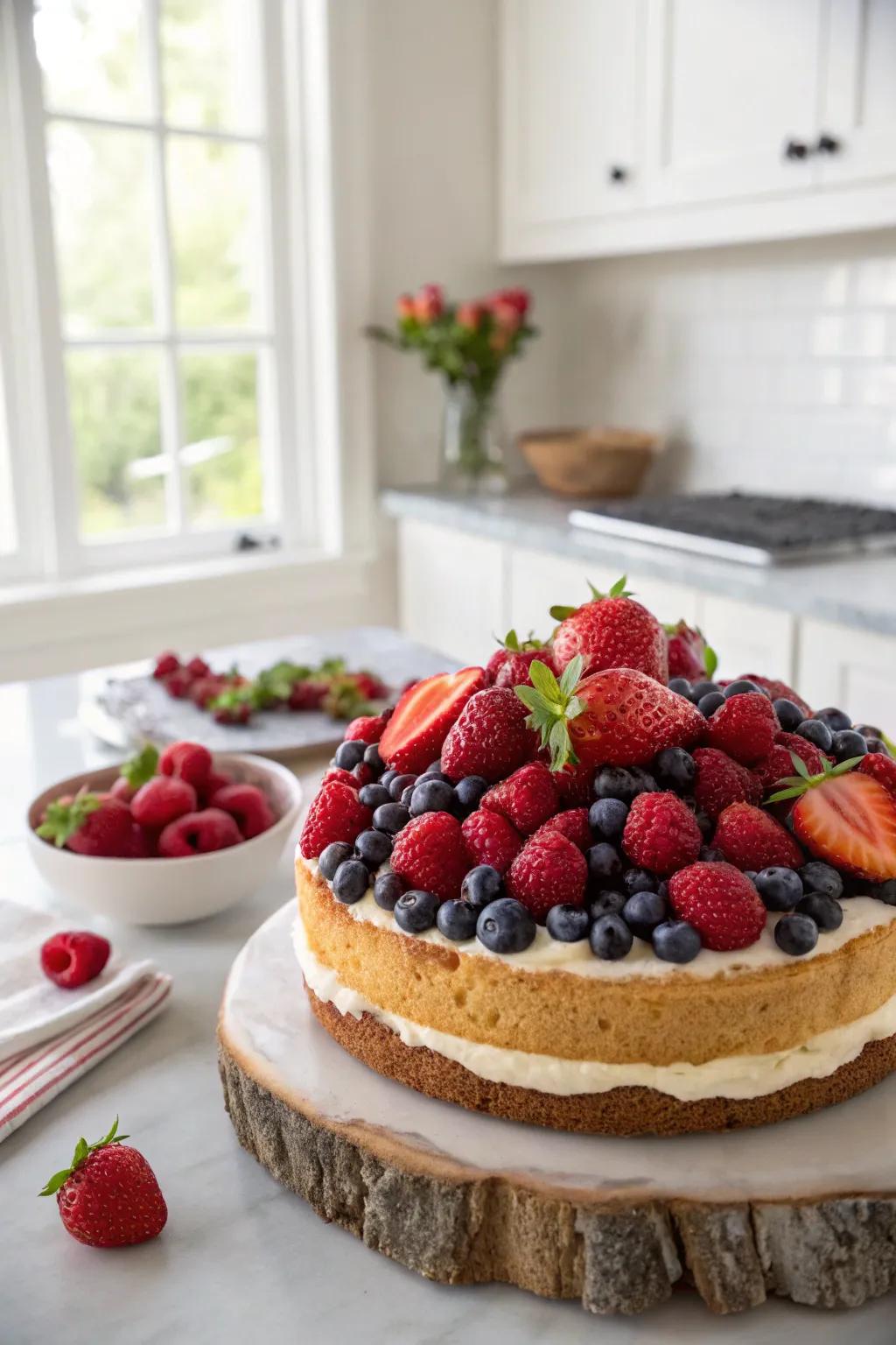A mixed berry dream cake overflowing with vibrant hues and flavors.