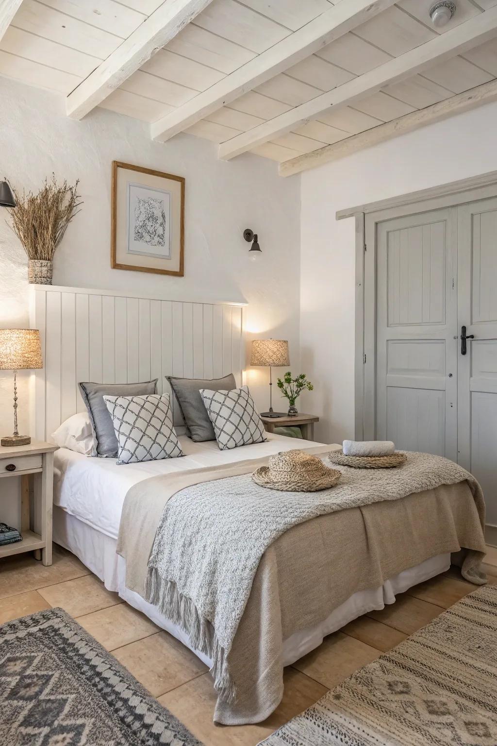 Bedroom showcasing a serene muted color scheme with white walls, beige bedding, and subtle gray accents.