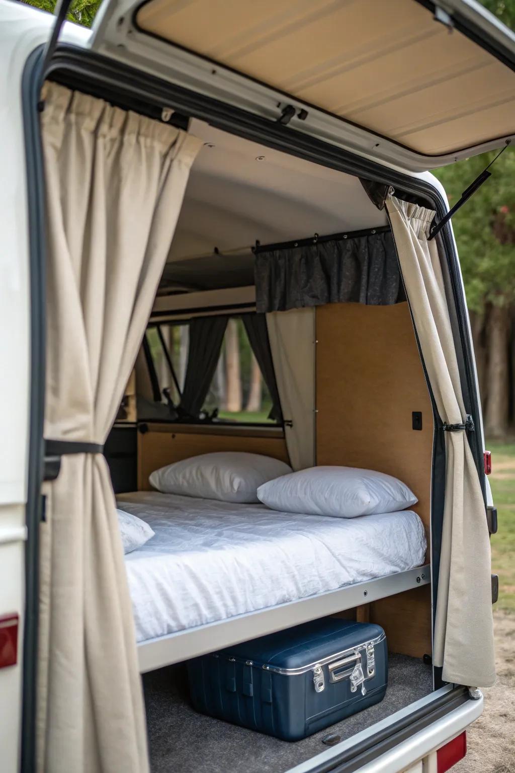 A snug sleeping corner with privacy drapes inside a camper shell.