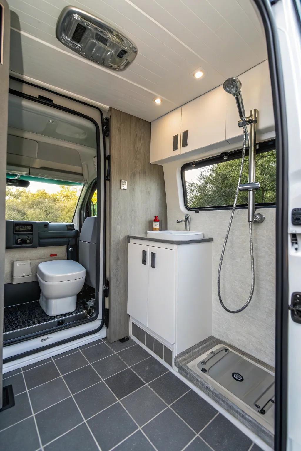 A small all-in-one washroom in a mobile home with contemporary components and a space-maximizing design.