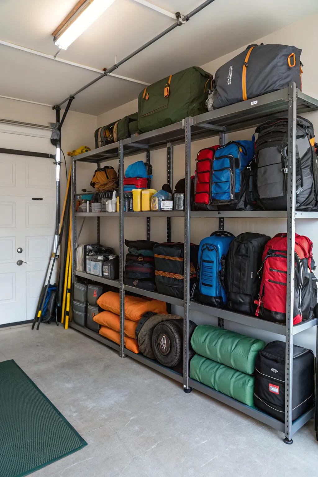 Stackable racks in the garage keep camping gear organized and easy to reach.