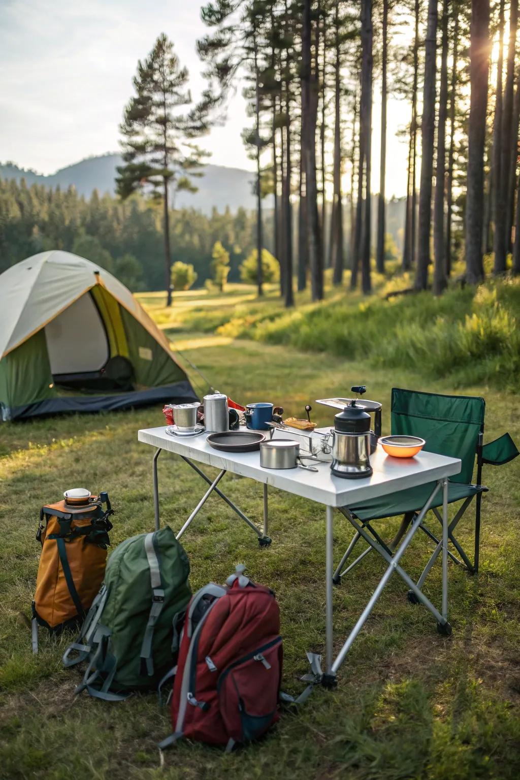 A collapsible table awaits outdoor culinary endeavors.