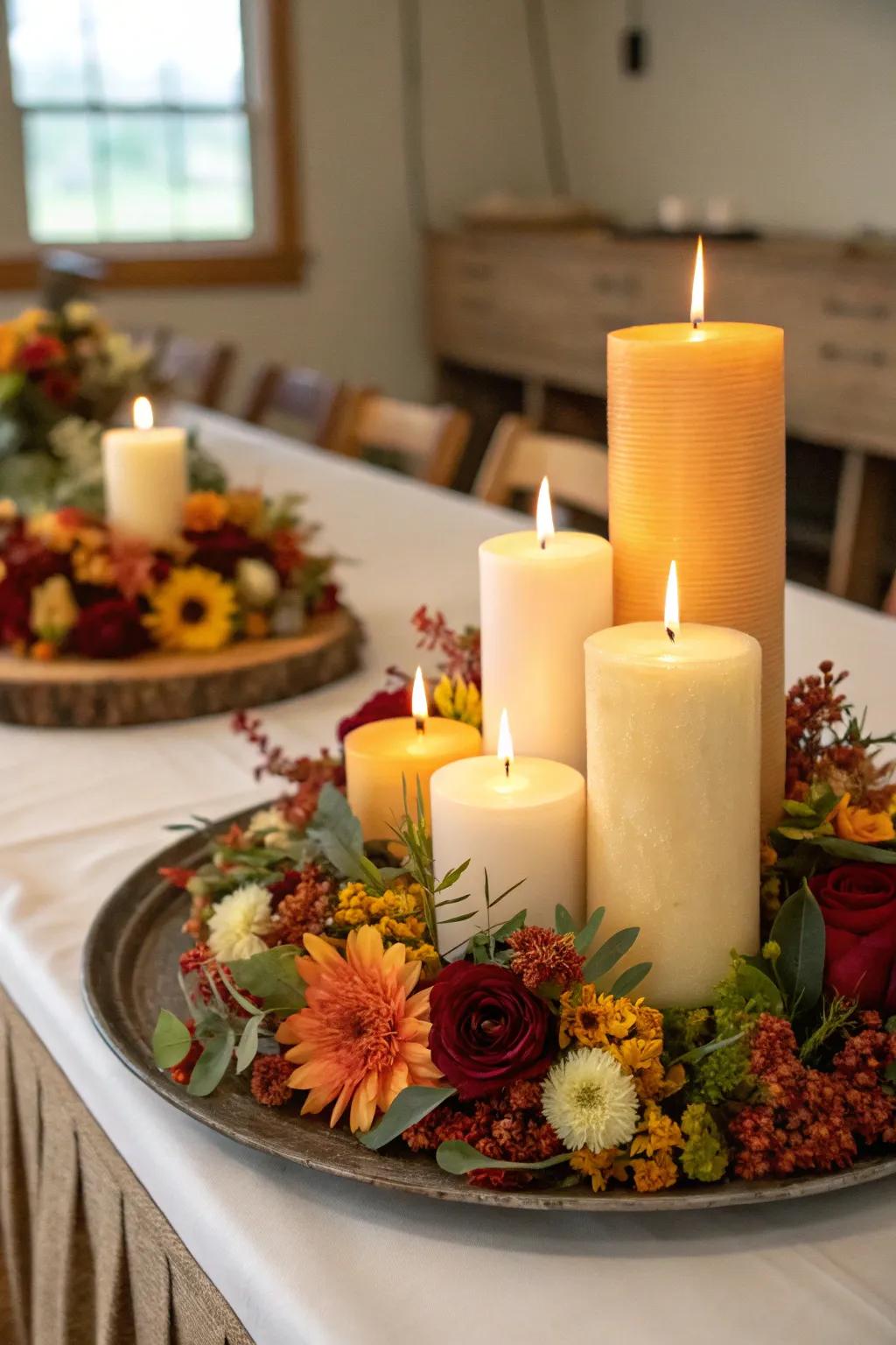 A tiered display of pillar candles complemented by seasonal blooms.